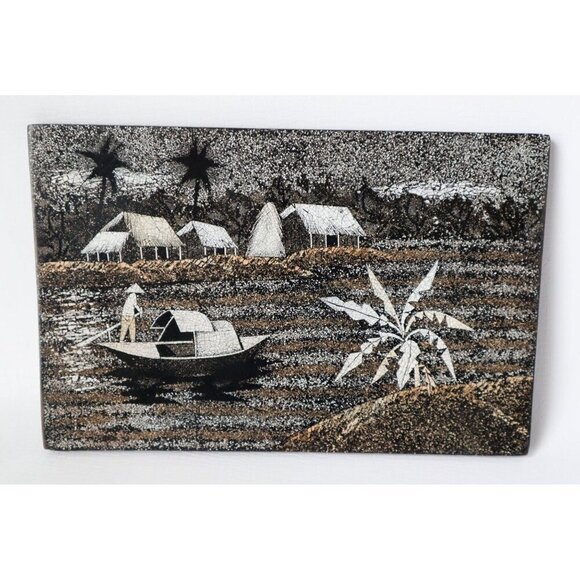 3 Piece Vietnamese Wood Black Lacquer Daily Life Fishing Village Eggshell Wall A - Picture 4 of 6